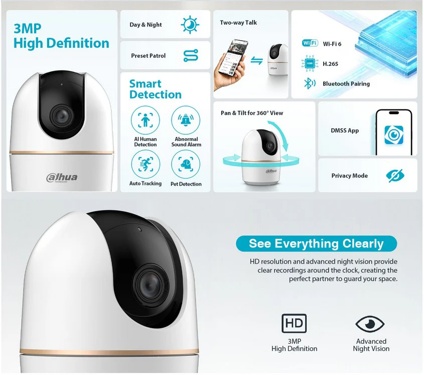 Cámara Dahua IP Domo PT 5MP AI WiFi con Micrófono y Parlante
